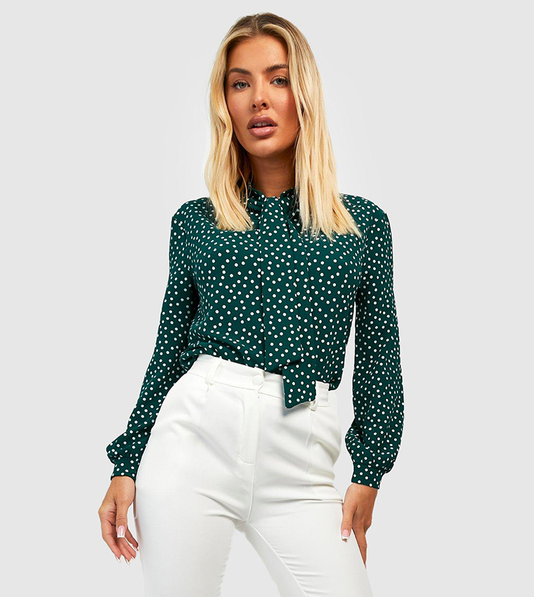 Buy Boohoo Polka Dot Pussy Bow Neck Woven Top In BOTTLE GREEN ...