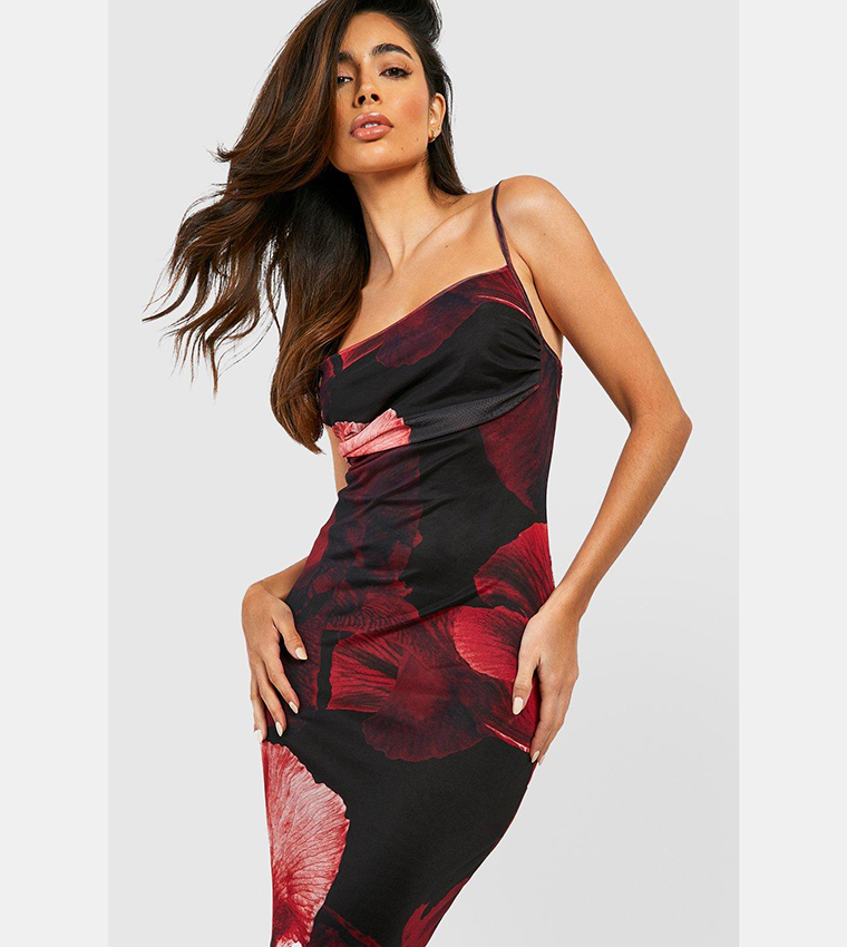 Buy Boohoo Abstract Floral Print Mesh Maxi Slip Dress In Red 6thStreet UAE