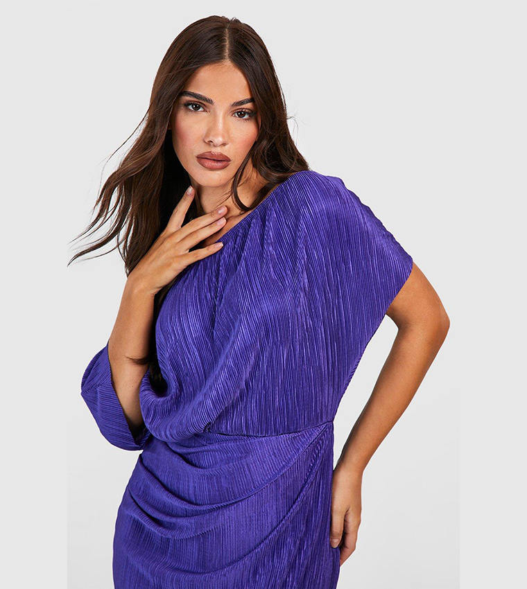 Buy Boohoo Off The Shoulder Plisse Midi Dress In Purple | 6thstreet Qatar