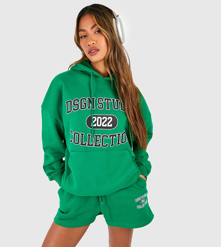 Buy Boohoo Collegiate Slogan Hooded Short Tracksuit In Green