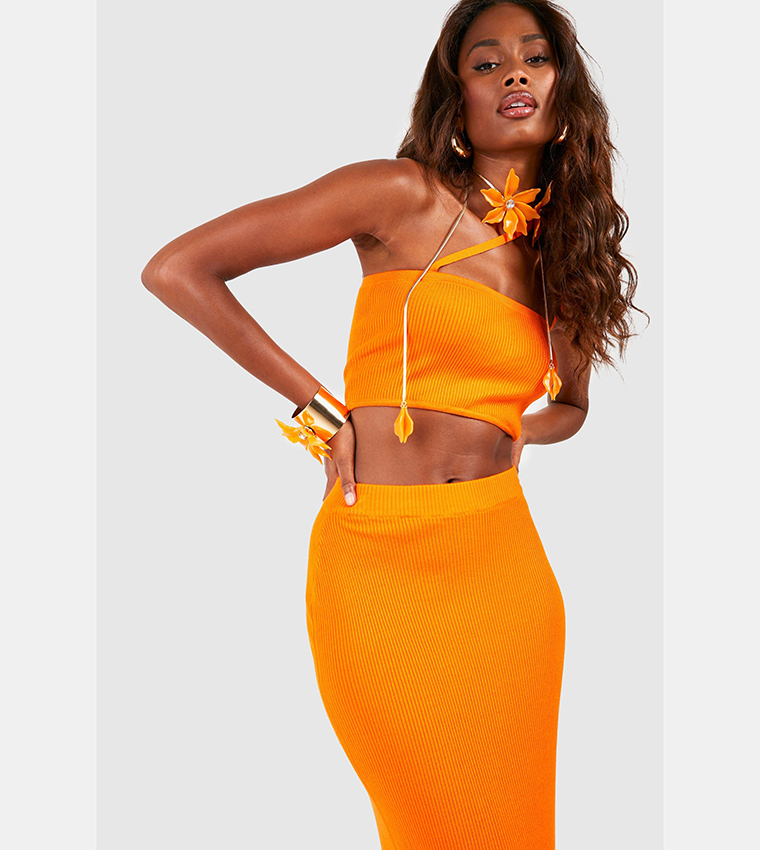 Buy Boohoo Strappy Ribbed Knit Crop Top And Maxi Skirt Set In Orange 6thStreet Bahrain