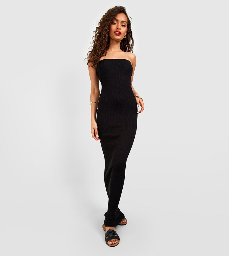 Buy Boohoo Bandeau Ribbed Knit Maxi Dress In Black