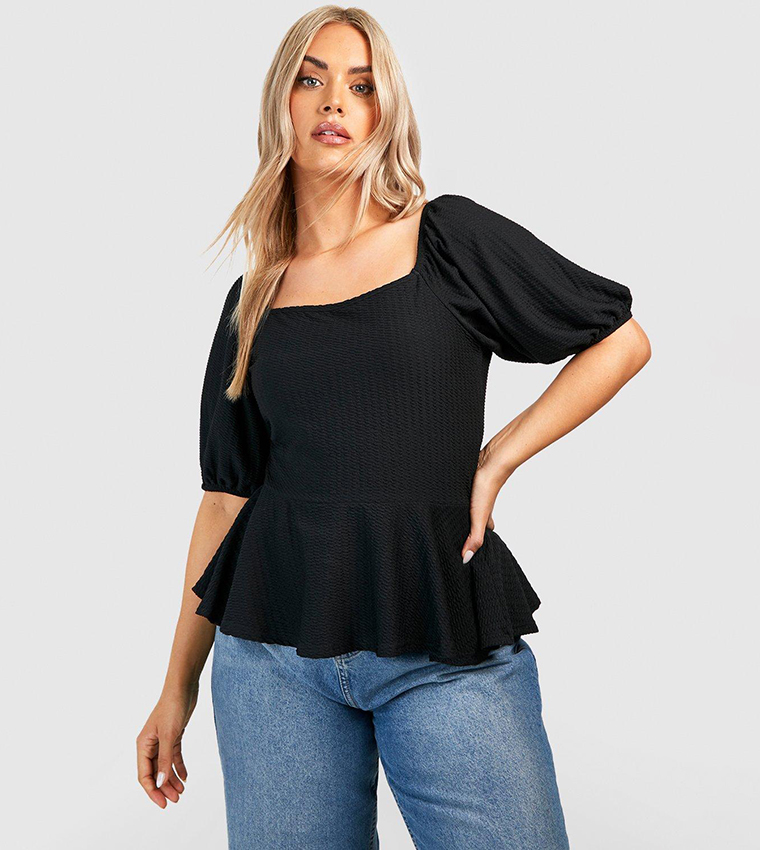 Buy Boohoo Textured Square Neck Peplum Puff Sleeves Top In Black