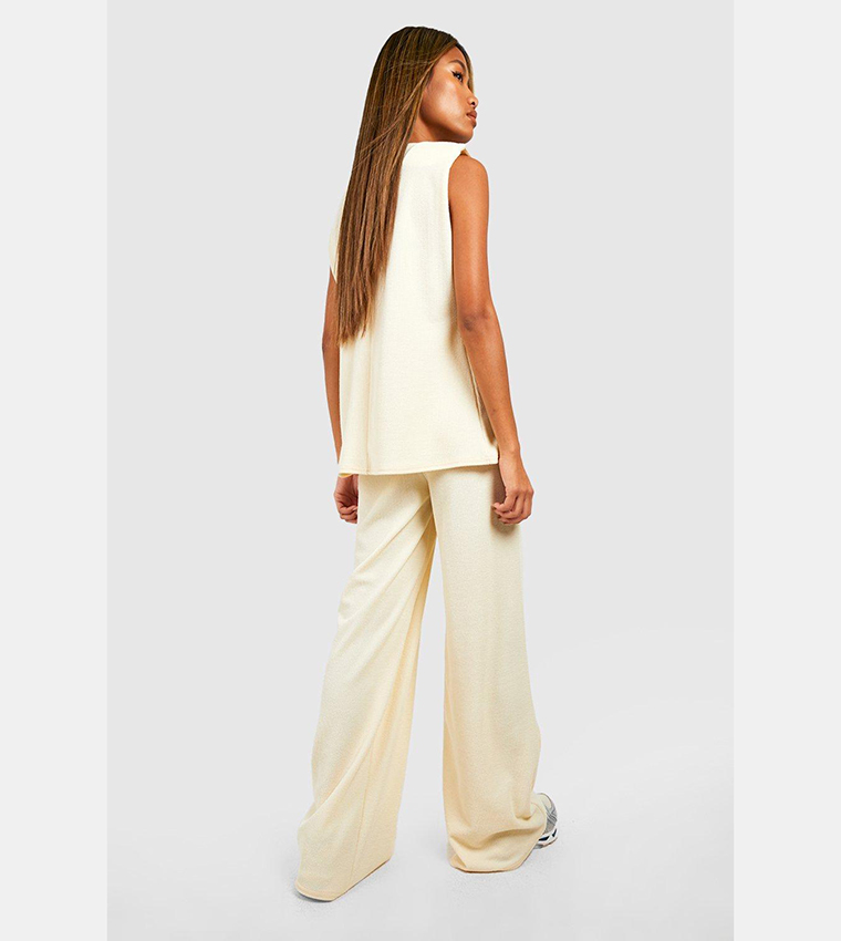 Crinkle Ribbed Relaxed Fit Wide Leg Trousers