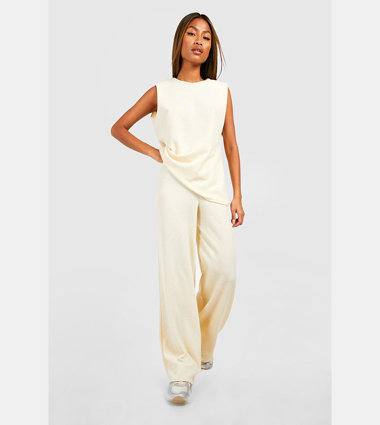 Crinkle Ribbed Relaxed Fit Wide Leg Trousers