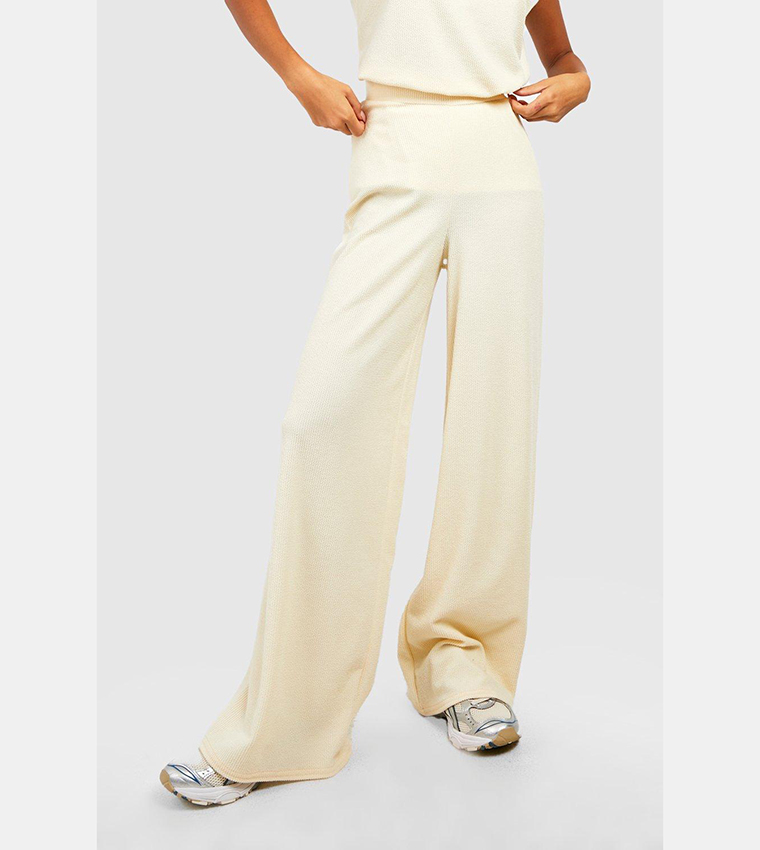 Crinkle Ribbed Relaxed Fit Wide Leg Trousers