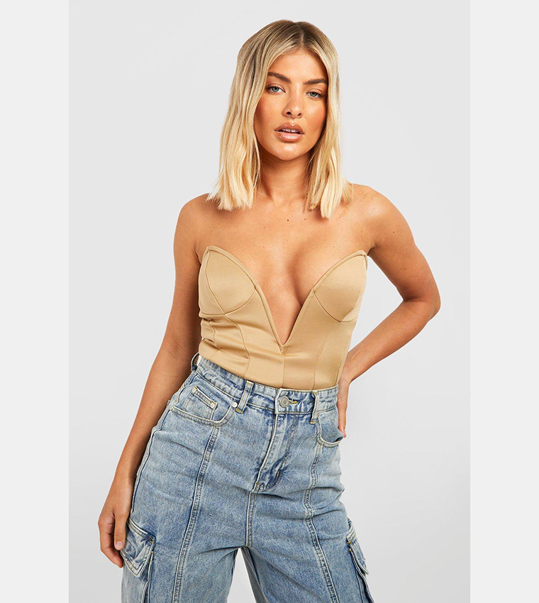Buy Boohoo Extreme Plunge V Bar Longline Corset Top In STONE