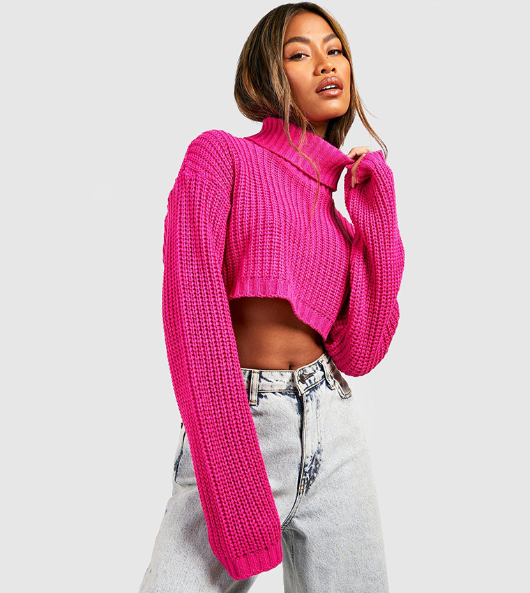 Buy Boohoo Basic Roll Neck Crop Sweater In Hot Pink 6thStreet Qatar