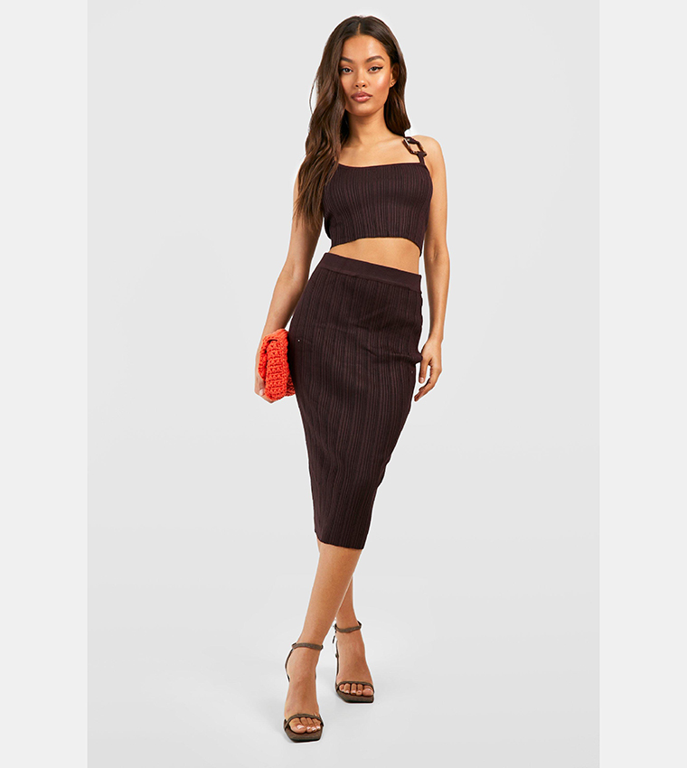 Buy Boohoo Buckle Detail Fine Gauge Ribbed Knit Crop Top And Skirt - Main Image