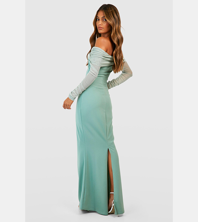 boohoo sage green dress Mac Duggal - Green Faux Wrap Embroidered Cap Sleeve Gown