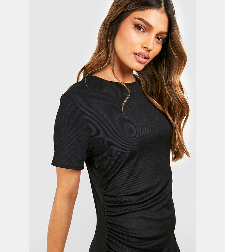 Black ribbed t shirt dress online