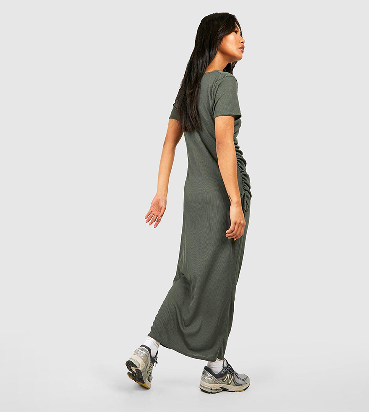 Buy Boohoo Ribbed Oversized Rouched Midaxi T Shirt Dress In Khaki