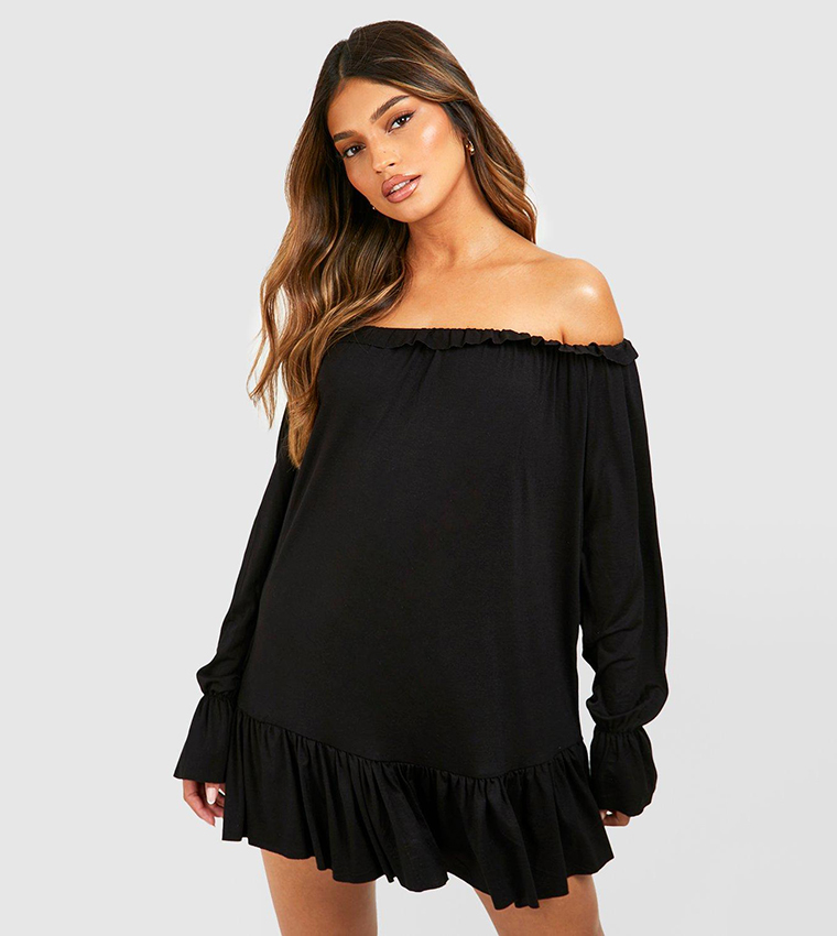 Buy Boohoo Frill Detail Cold Shoulder Sun Dress In Black 6thStreet Qatar