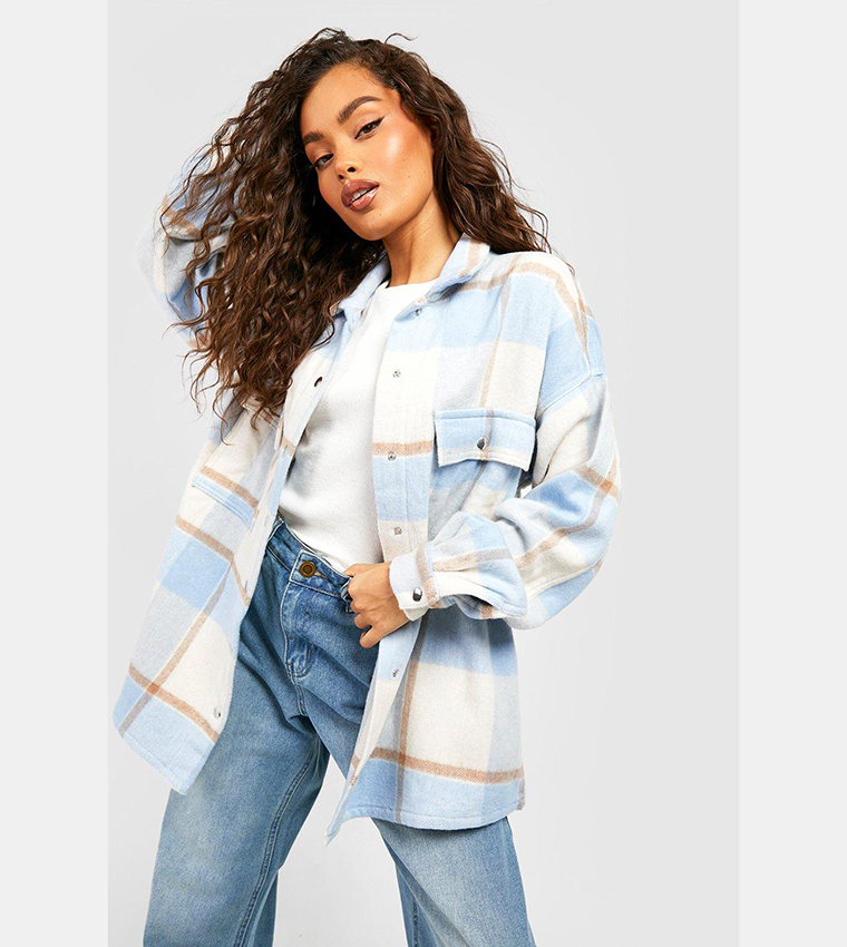 Buy Boohoo Oversized Check Shacket In Blue 6thStreet Oman