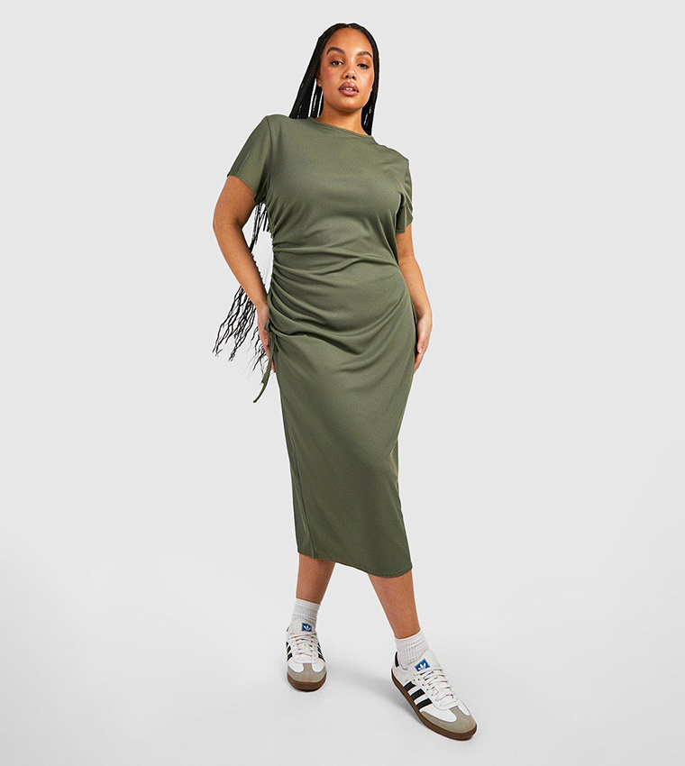 Buy Boohoo Rib Ruched Midi T Shirt Dress In Khaki 6thStreet Bahrain