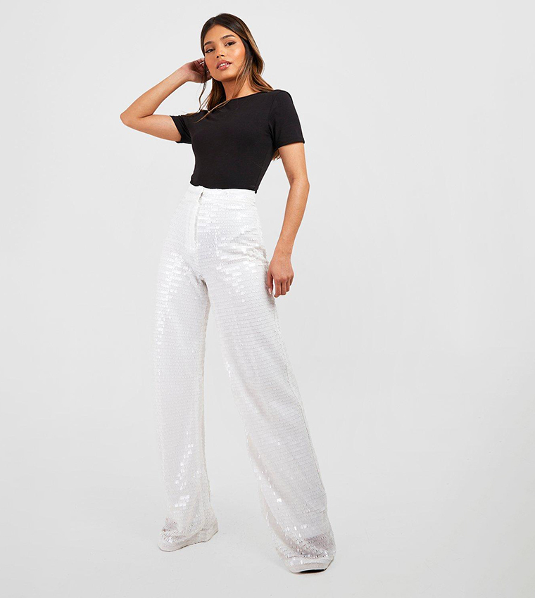 Buy Boohoo Shard Sequin High Waisted Wide Leg Trousers In White
