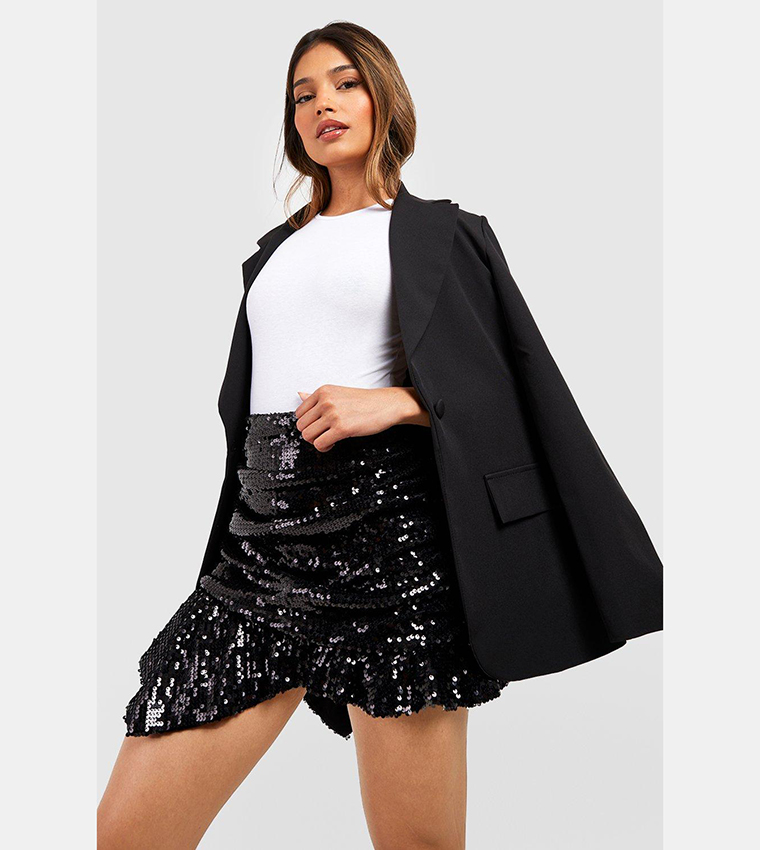 Black sequin 2024 ruched mini skirt