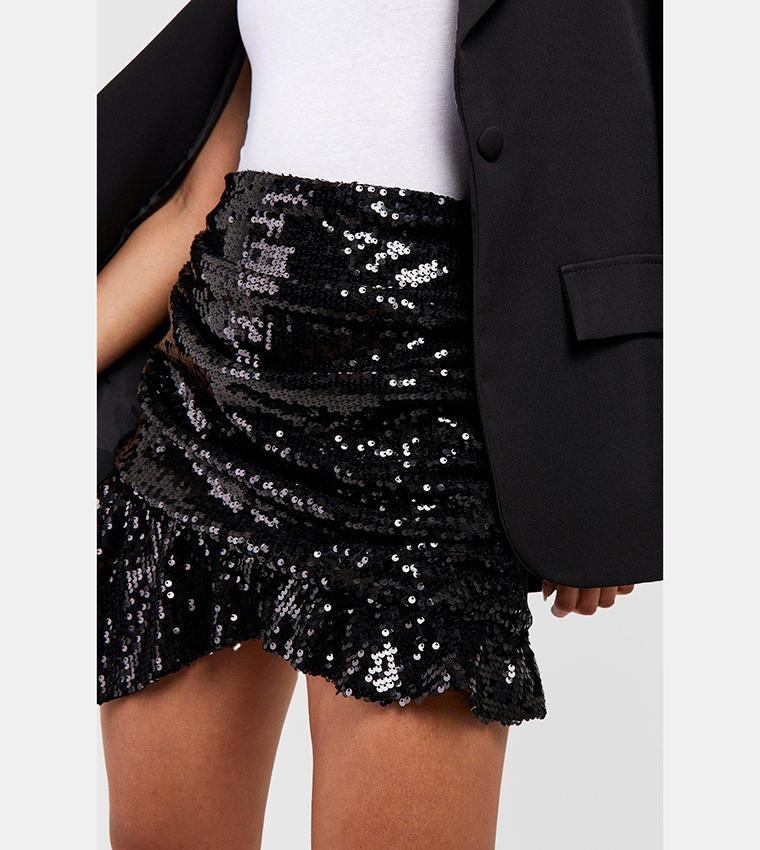 Black sequin ruched outlet mini skirt