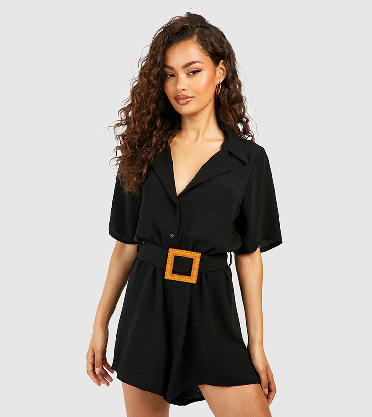 Linen Look Buckle Belted Romper