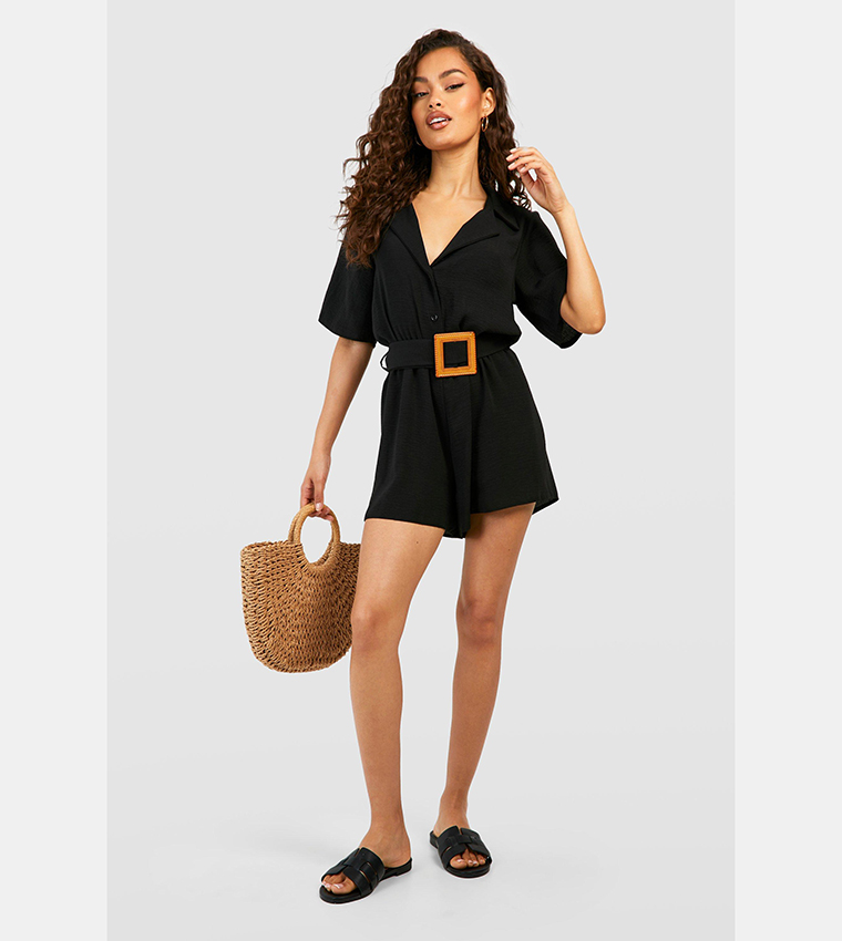 Linen Look Buckle Belted Romper