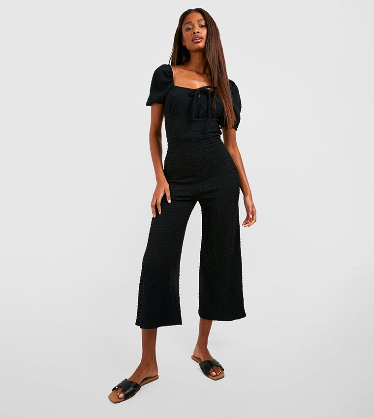 Buy Boohoo Textured Puff Sleeves Culotte Jumpsuit In Black