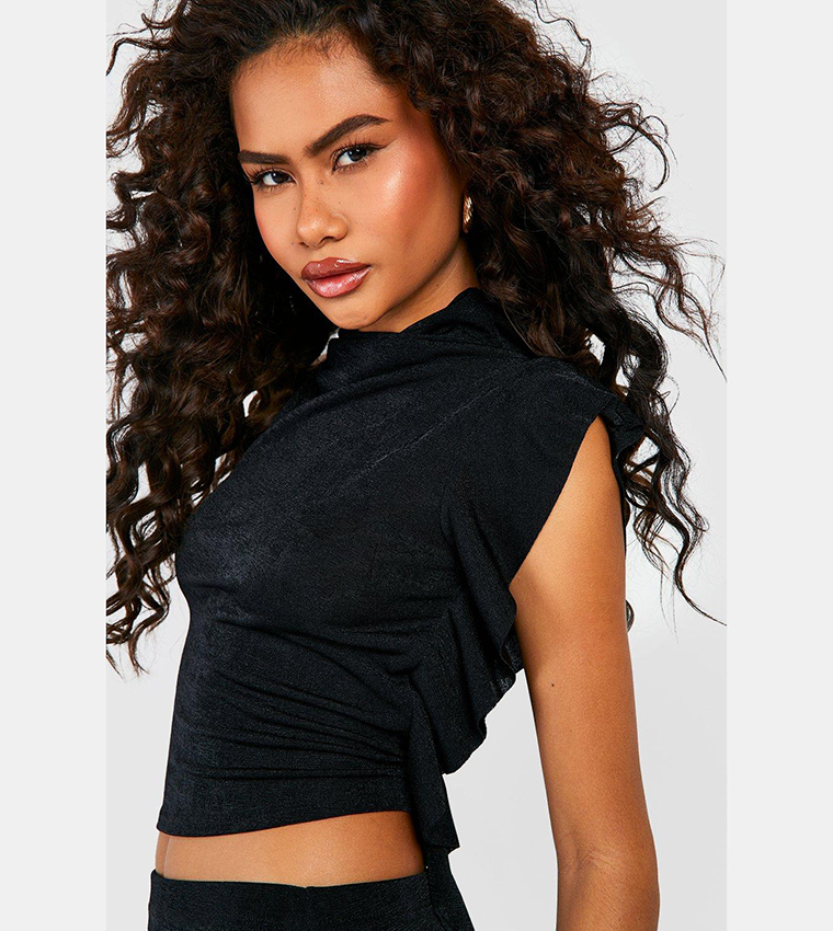 Textured Slinky Ruffle Detail Longer Length Crop Top