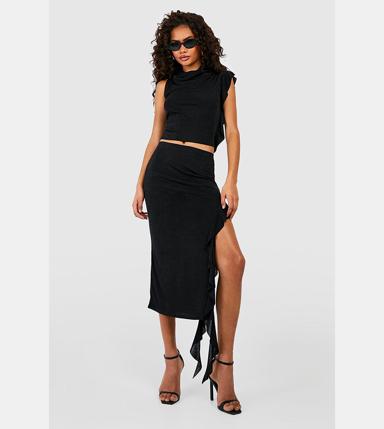 Textured Slinky Ruffle Detail Longer Length Crop Top