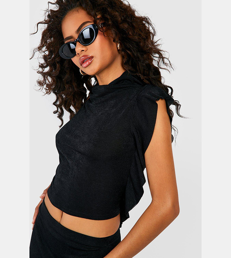 Textured Slinky Ruffle Detail Longer Length Crop Top