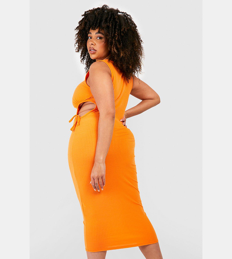 Buy Boohoo Ribbed Cut Out Midi Dress In Orange | 6thstreet Qatar