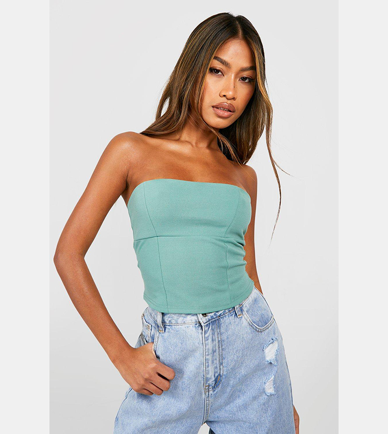 Buy Boohoo Bandeau Seam Detail Longline Corset Top In Sage