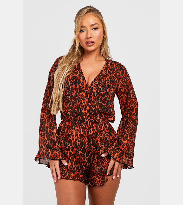 Buy Boohoo Chiffon Animal Print Frill Hem Beach Romper In Orange