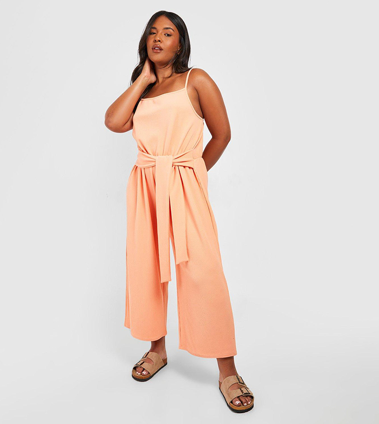 Buy Boohoo Crinkle Ribbed Tie Waist Culotte Jumpsuit In Coral