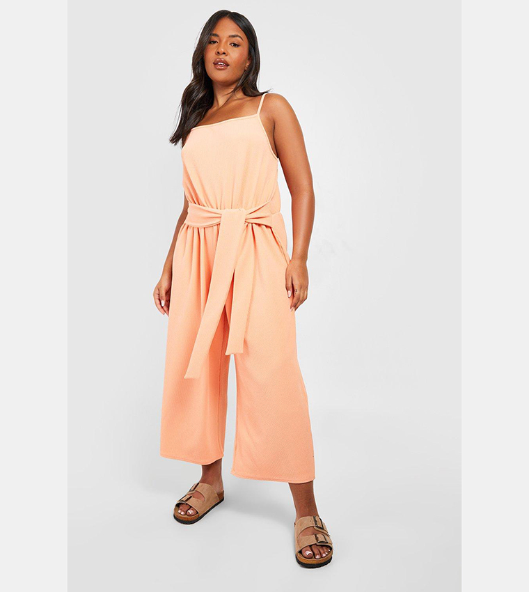 Buy Boohoo Crinkle Ribbed Tie Waist Culotte Jumpsuit In Coral