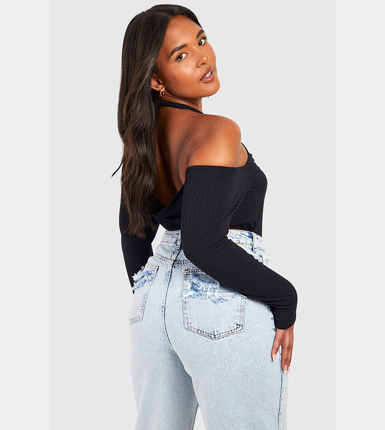 Cross Over Cold Shoulder Ribbed Top