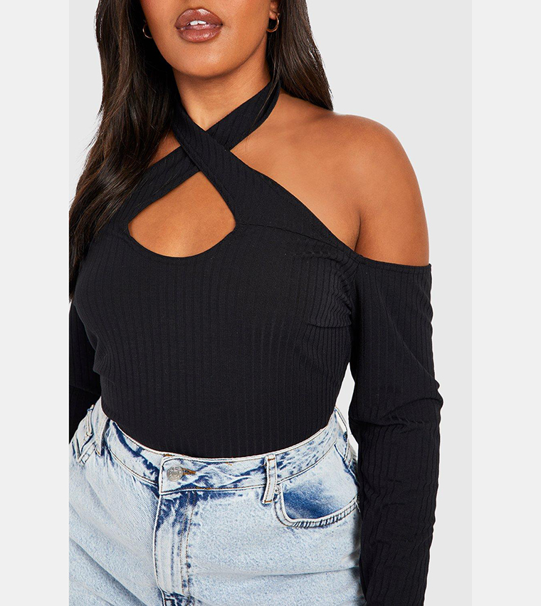 Cross Over Cold Shoulder Ribbed Top