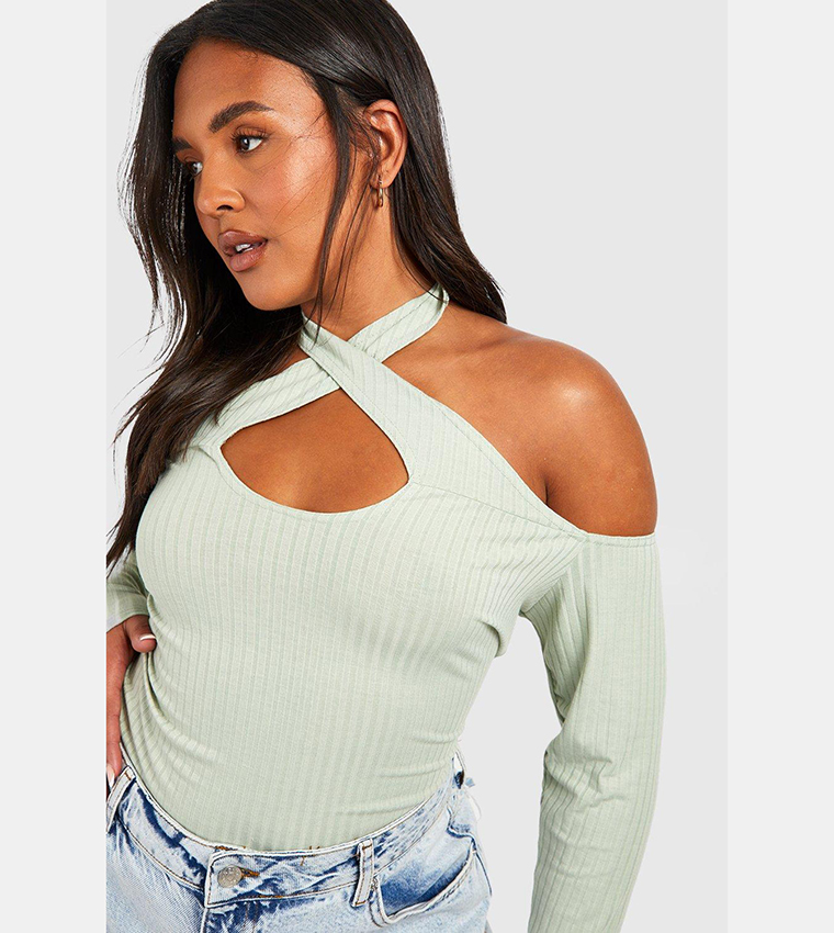 Cross Over Cold Shoulder Ribbed Top
