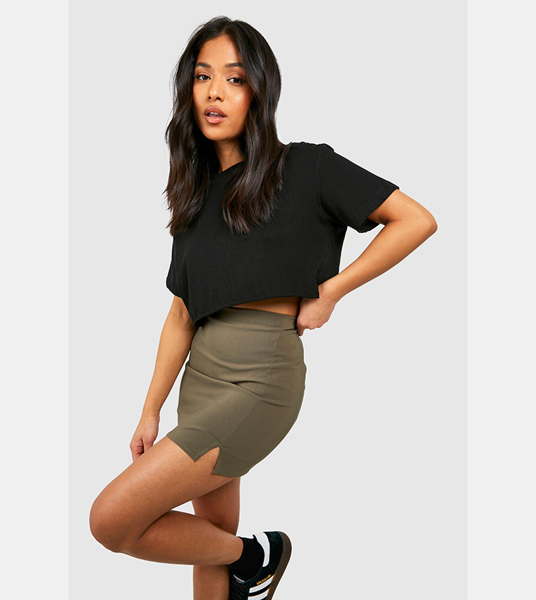 Buy Boohoo Bengaline Split Front Mini Skirt In Khaki 6thStreet Kuwait