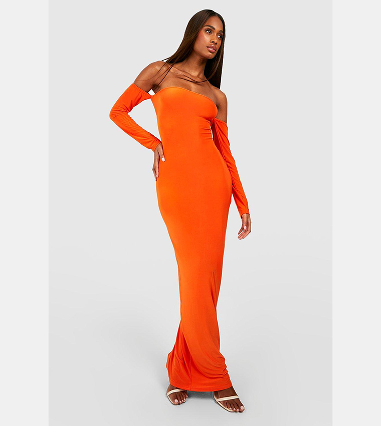 open lace back dress Orlando Bardot Long Sleeve Bodycon Midi Dress With Front Split In Flam –  Love