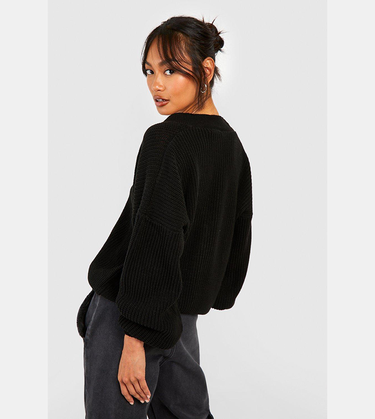 Buy Boohoo Balloon Sleeves Button Through Ribbed Cardigan In Black