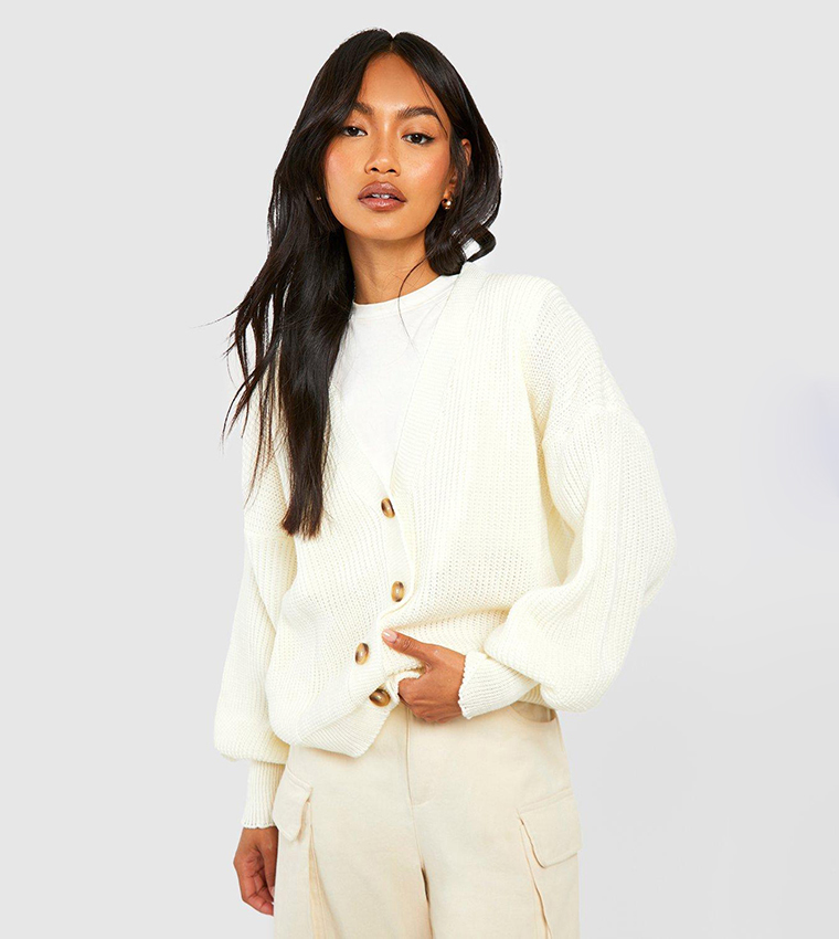 Balloon Sleeves Button Through Ribbed Cardigan