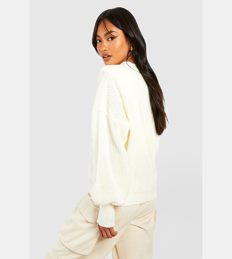 Balloon Sleeves Button Through Ribbed Cardigan