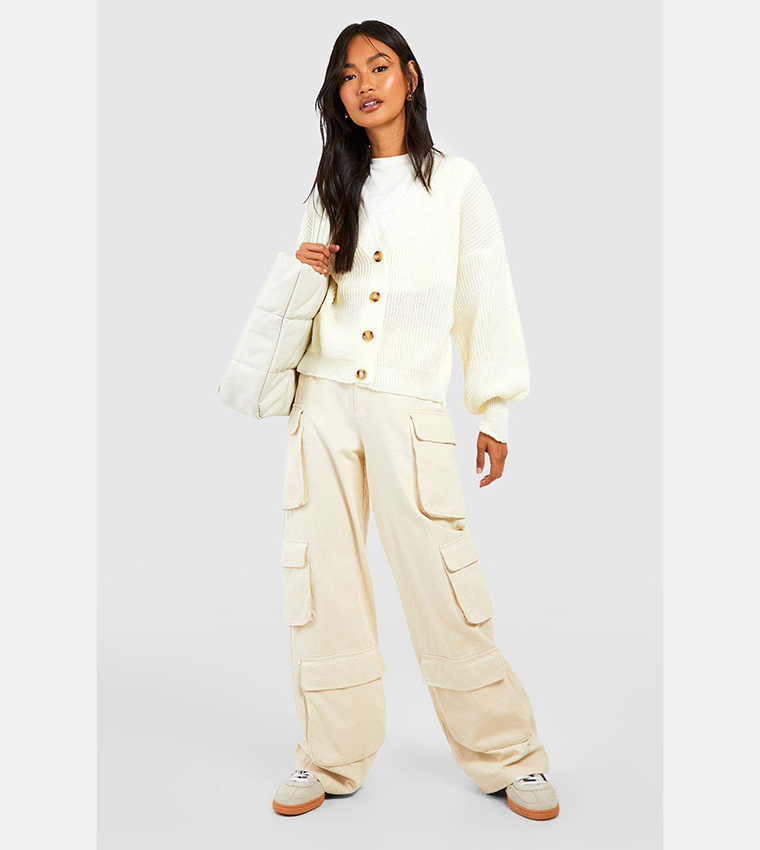 Balloon Sleeves Button Through Ribbed Cardigan