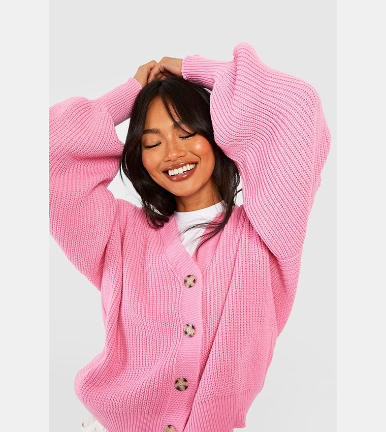 Balloon Sleeves Button Through Ribbed Cardigan