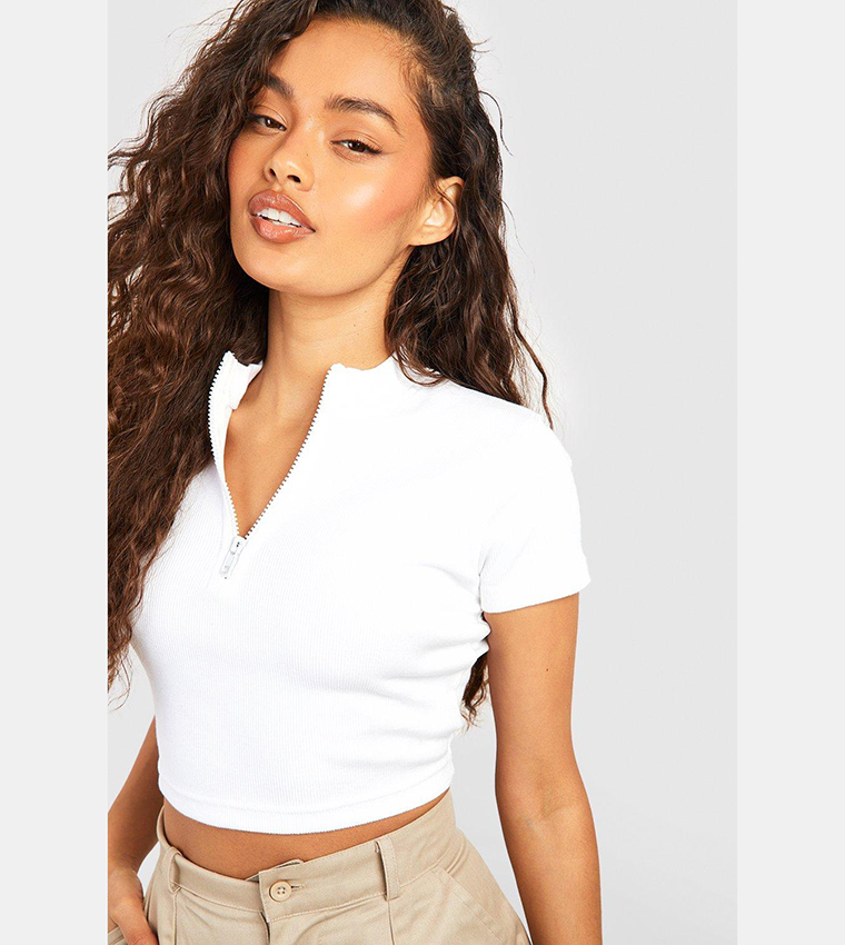Buy Boohoo Ribbed Half Zip Crop Top In White 6thStreet UAE