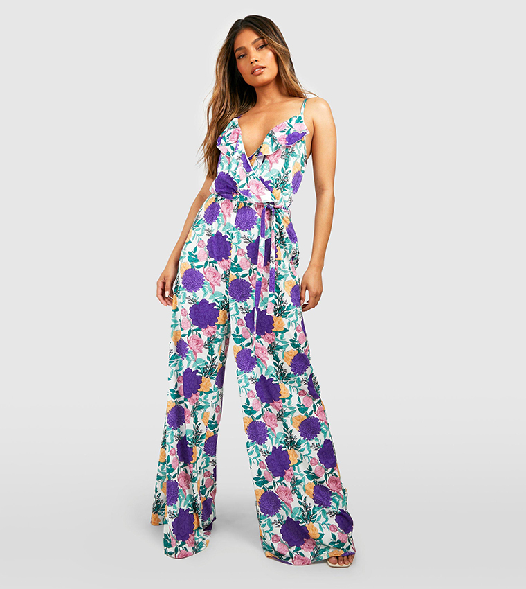 Buy Boohoo Floral Strappy Ruffle Wide Leg Jumpsuit In Purple