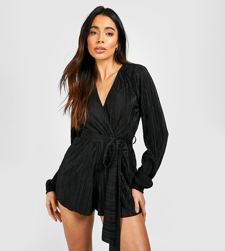 Buy Boohoo Plisse Belted Wrap Romper In Black 6thStreet Saudi Arabia
