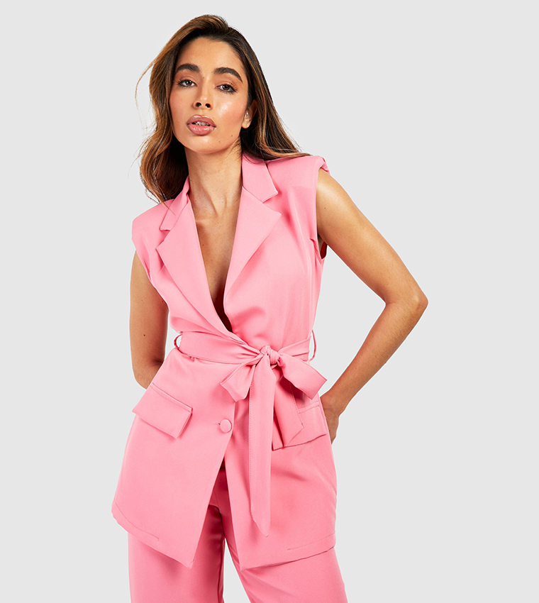 Buy Boohoo Belted Tailored Sleeveless Blazer In CANDY PINK