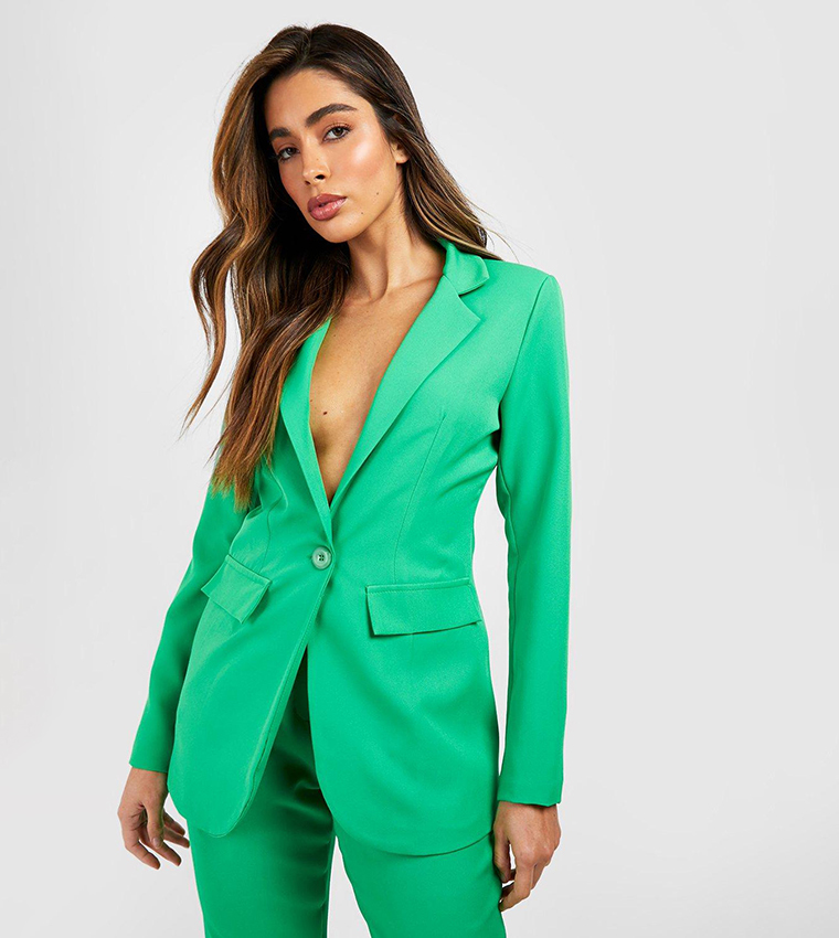 Buy Boohoo Longline Curved Hem Tailored Blazer In Green