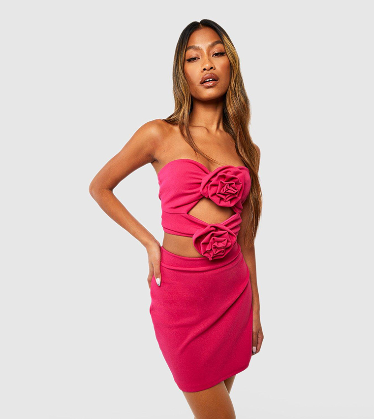 Buy Boohoo Corsage Detail Cut Work Top And Mini Skirt Set In Hot Pink 6thStreet Kuwait