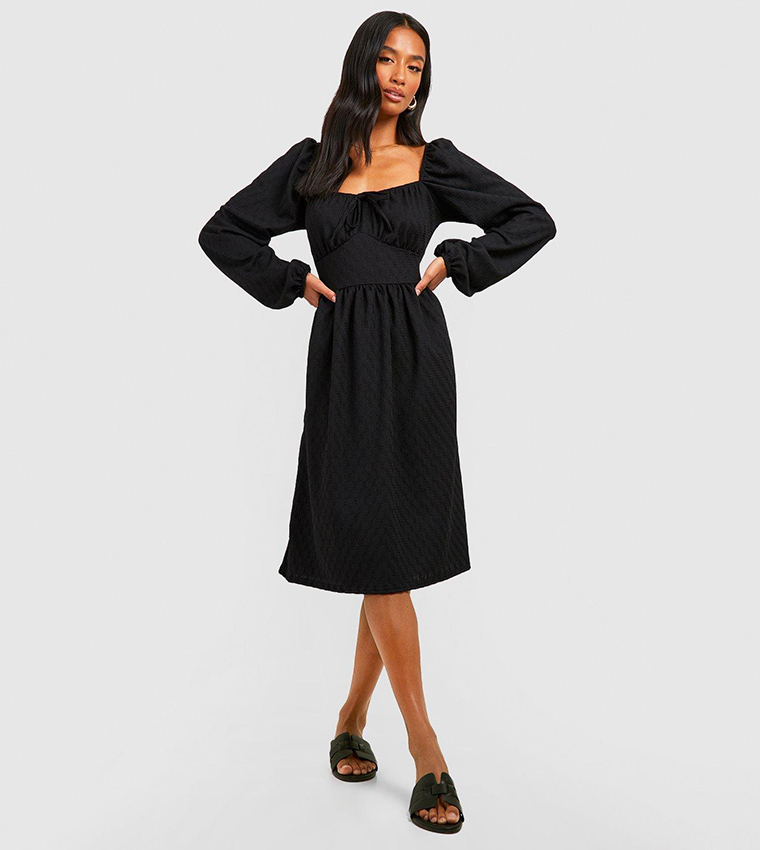 Textured Puff Sleeves Midi Skater Dress